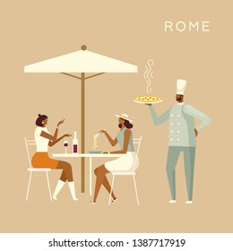 Italian cafe. Illustration of a pizzeria. Girlfriends have dinner in an Italian restaurant. Chef with pizza. Travel illustration in flat design. Vector, isolated