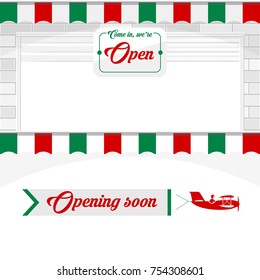 Italian Cafe, Pizzeria, Market Store Design Elements. White Shutter Door Or Roller Door With Open Sign. Airplane Banner 