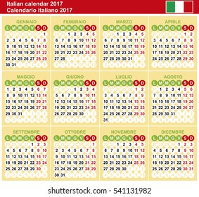 Italian calendar 2017. Vector template. Numbers in circle. Yellow-green color.