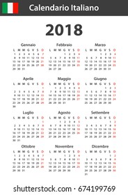 Italian Calendar for 2018. Scheduler, agenda or diary template. Week starts on Monday