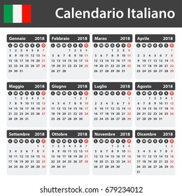 Italian Calendar for 2018. Scheduler, agenda or diary template. Week starts on Monday