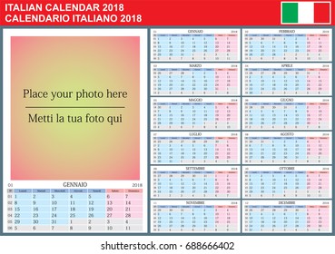 Italian calendar 2018. Vector Template with Place for Photo. Week Starts Monday. 