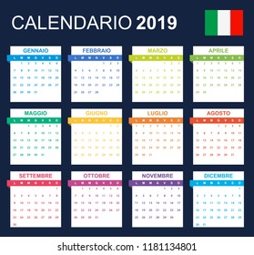 Italian Calendar for 2019. Scheduler, agenda or diary template. Week starts on Monday
