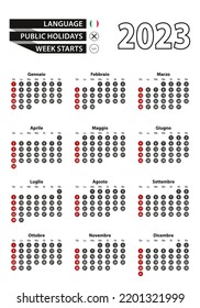Italian calendar 2023 with numbers in circles, week starts on Sunday. 2023 with flag of Italy. Vector illustration.
