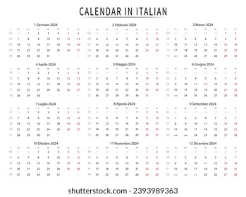 Italian Calendar 2024. Italian calendar template week starts Saturday. Vector illustration.