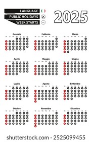 Italian calendar 2025 with numbers in circles, week starts on Sunday. 2025 with flag of Italy. Vector illustration.