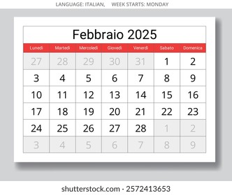 Italian calendar for february 2025 - calendario febbraio. Winter month paper page. Vector illustration design for Italy 
