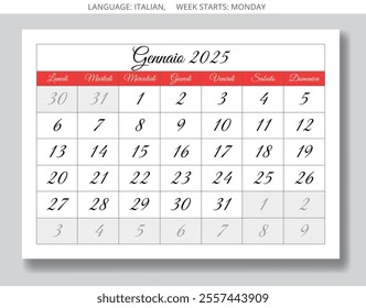 Italian calendar for January 2025 - calendario Gennaio. Winter month paper page. Vector illustration design for Italy 
