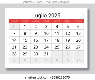 Italian calendar for july 2025 - calendario luglio. month paper page. Vector illustration design for Italy 
