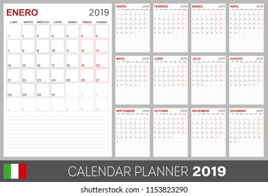 Italian calendar planner 2019, week starts on Monday, set of 12 months January - December, calendar template size A4, simple design on white background, set desk calendar template, vector illustration