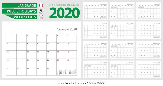 Italian calendar planner for 2020. Italian language, week starts from Monday. Vector calendar template for Italy, Switzerland, San Marino and other.