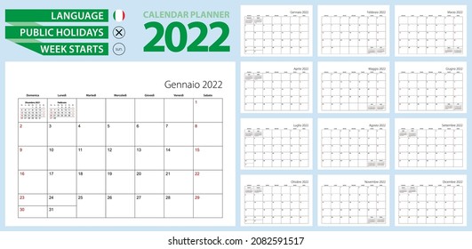 Italian calendar planner for 2022. Italian language, week starts from Sunday. Vector template.