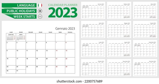 Italian calendar planner for 2023. Italian language, week starts from Monday. Vector calendar template for Italy, Switzerland, San Marino and other.