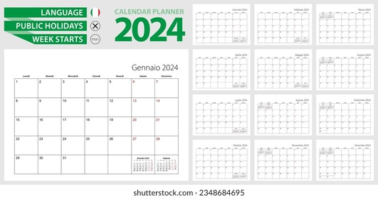 Planificador del calendario italiano para 2024. La semana empieza el lunes en italiano. Plantilla de calendario de vectores para Italia, Suiza, San Marino y otros países.