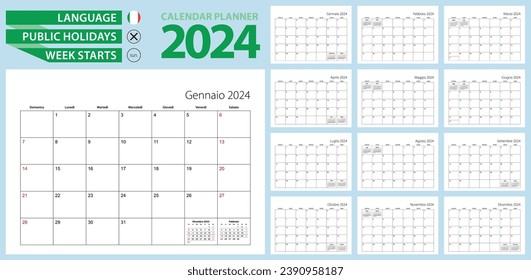 Italian calendar planner for 2024. Italian language, week starts from Sunday. Vector template.