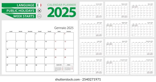 Planejador do calendário italiano para 2025. Idioma italiano, a semana começa na segunda-feira. Modelo de calendário vetorial para Itália, Suíça, São Marinho e outros países.