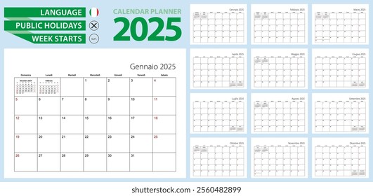 Italian calendar planner for 2025. Italian language, week starts from Sunday. Vector template.