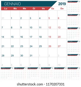 Italian calendar planner for year 2019, week starts on Monday, set of 12 months January - December, planning calendar template, set desk calendar template, vector illustration
