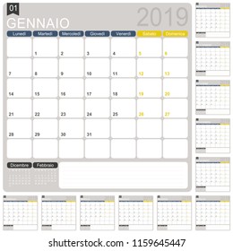 Italian calendar template for year 2019, set of 12 months, week starts on Monday, printable calendar template, calendar planner 2019, vector illustration