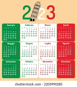 Italian calendar for whole 2023 with Pisa leaning tower and national flag colors of Italia. Vector illustration 