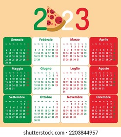 Italian calendar for whole 2023 with pizza and national flag colors of Italia. Vector illustration 