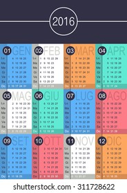 Italian calendar for year 2016, week starts on Monday