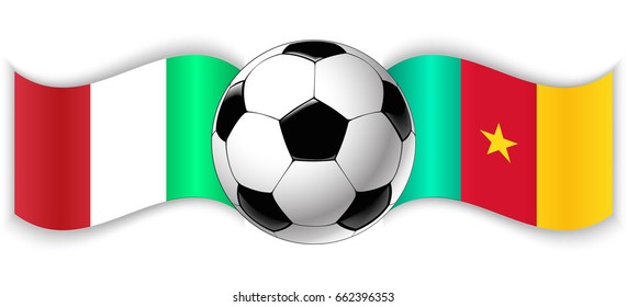 Italian and Cameroonian wavy flags with football ball. Italy combined with Cameroon isolated on white. Football match or international sport competition concept.