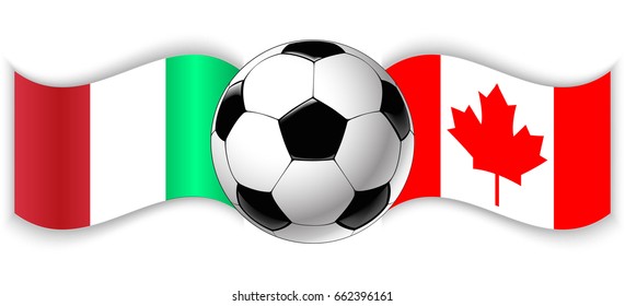 Italian and Canadian wavy flags with football ball. Italy combined with Canada isolated on white. Football match or international sport competition concept.