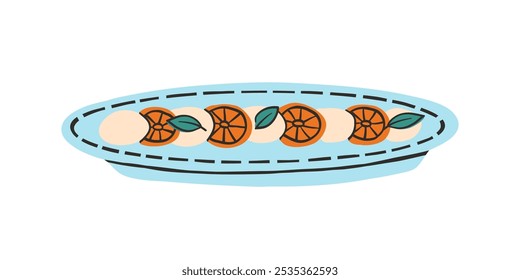 Italian caprese salad in a flat style. Dish in a plate with ornament, handmade ceramics. Colorful bright vector illustration in modern style isolated on a white background