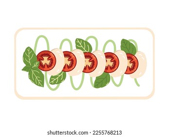 Italian Caprese salad with mozzarella and basil on a white background. Famous national dishes. Vector illustration for restaurants, menus, decor