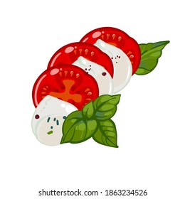 Italian caprese salad with tomatoes, Matzprella cheese and basil, Hand drawn vector illustration isolated on white background in doodle style.