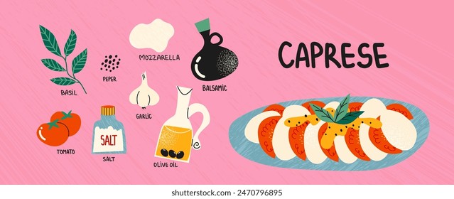 Italian caprese salad with tomatoes, mozzarella and oil. Constructor for dishes of national Italian cuisine. Cartoon illustration of recipe and ingredients for cafe and restaurant