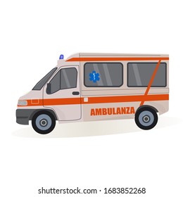 Italian car,van for medical assistance isolated on white background.  AMBULANZA in Roma, Italy. Stock vector illustration.

