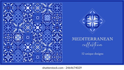 Italian ceramic blue and white tile pattern. Mediterranean porcelain pottery. Ethnic folk ornament. Mexican talavera, Portuguese azulejo, Spanish majolica, arabesque motif. Vector illustration