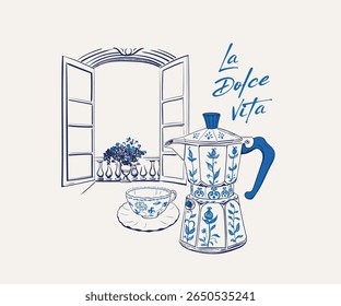 Italiana cerâmica xícara xícara vetor arte, La dolce vita projeto vetorial, Ilha Mediterrâneo férias vetor arte, Pote de café com motivo de cerâmica e vintage janela ilustração