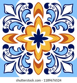 Italian ceramic tile pattern. Ethnic folk ornament. Mexican talavera, portuguese azulejo or spanish majolica.
