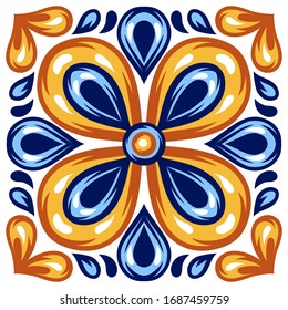 Italian ceramic tile pattern. Mediterranean porcelain pottery. Ethnic folk ornament. Mexican talavera, portuguese azulejo or spanish majolica.