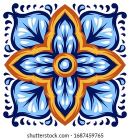 Italian ceramic tile pattern. Mediterranean porcelain pottery. Ethnic folk ornament. Mexican talavera, portuguese azulejo or spanish majolica.