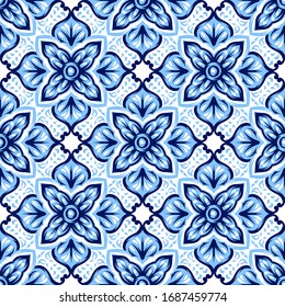 Italian ceramic tile pattern. Mediterranean porcelain pottery. Ethnic folk ornament. Mexican talavera, portuguese azulejo or spanish majolica.