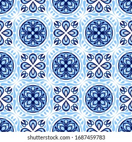 Italian ceramic tile pattern. Mediterranean porcelain pottery. Ethnic folk ornament. Mexican talavera, portuguese azulejo or spanish majolica.