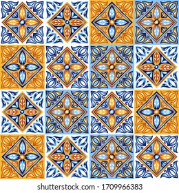 Italian ceramic tile pattern. Mediterranean porcelain pottery. Ethnic folk ornament. Mexican talavera, portuguese azulejo or spanish majolica.