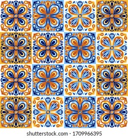 Italian ceramic tile pattern. Mediterranean porcelain pottery. Ethnic folk ornament. Mexican talavera, portuguese azulejo or spanish majolica.