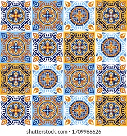 Italian ceramic tile pattern. Mediterranean porcelain pottery. Ethnic folk ornament. Mexican talavera, portuguese azulejo or spanish majolica.