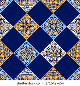 Italian ceramic tile pattern. Mediterranean porcelain pottery. Ethnic folk ornament. Mexican talavera, portuguese azulejo or spanish majolica.