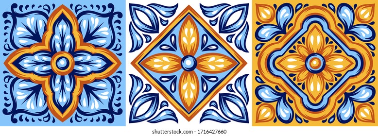 Italian ceramic tile pattern. Mediterranean porcelain pottery. Ethnic folk ornament. Mexican talavera, portuguese azulejo or spanish majolica.