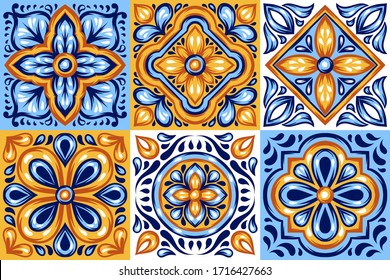 Italian ceramic tile pattern. Mediterranean porcelain pottery. Ethnic folk ornament. Mexican talavera, portuguese azulejo or spanish majolica.