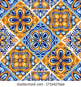 Italian ceramic tile pattern. Mediterranean porcelain pottery. Ethnic folk ornament. Mexican talavera, portuguese azulejo or spanish majolica.