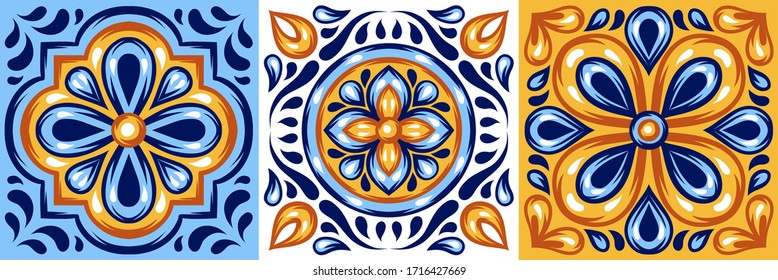 Italian ceramic tile pattern. Mediterranean porcelain pottery. Ethnic folk ornament. Mexican talavera, portuguese azulejo or spanish majolica.