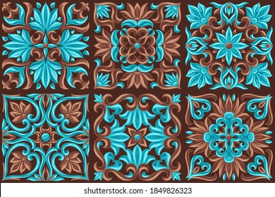 Italian ceramic tile pattern. Mediterranean porcelain pottery. Ethnic folk ornament. Mexican talavera, portuguese azulejo or spanish majolica.