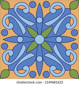 Italian ceramic tile pattern. Mediterranean porcelain pottery. Vector hand drawn illustration, typical portuguese tiles, Ceramic tiles.